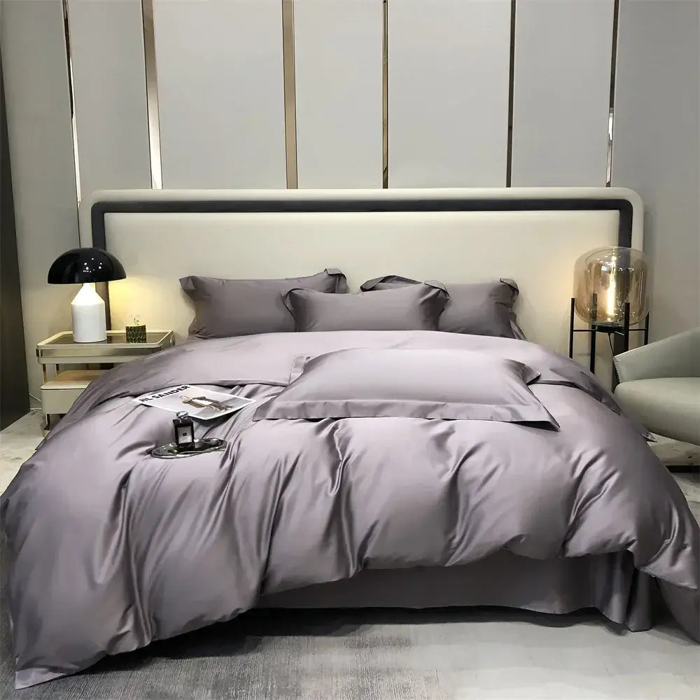 Luxury gray satin egyptian cotton bedding set with four pieces including pillowcases and plush duvet cover