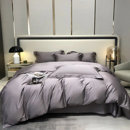 Luxury gray satin egyptian cotton bedding set with four pieces including pillowcases and plush duvet cover