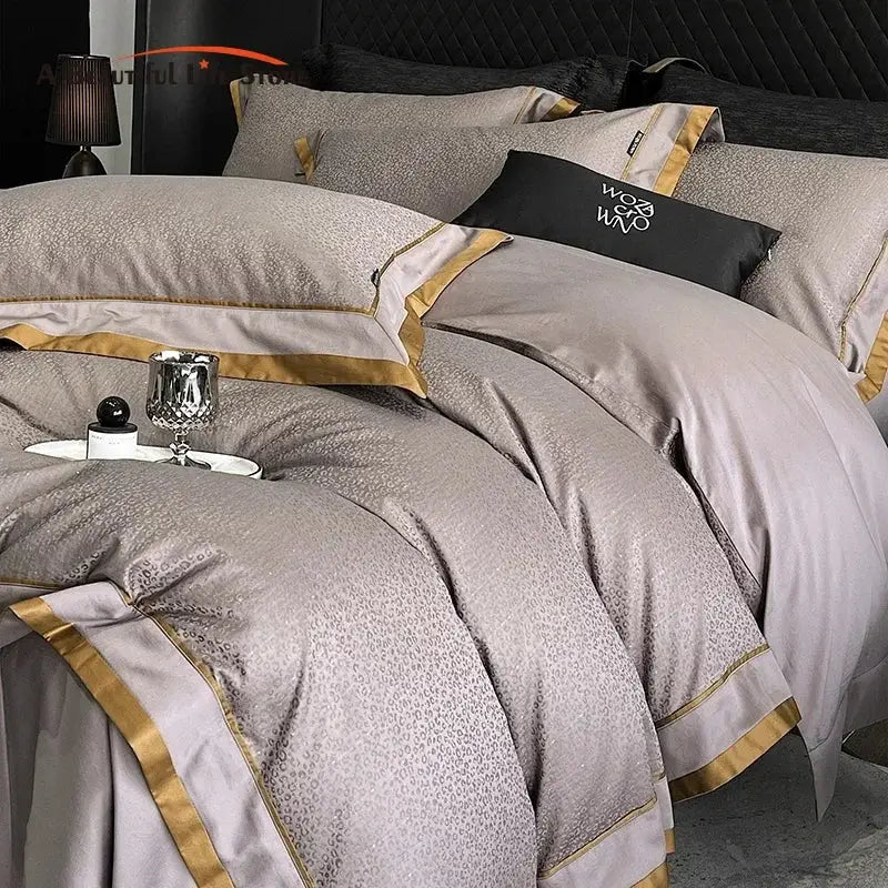 Luxury gray and gold egyptian cotton leopard bedding set with elegant embroidered cotton leopard jacquard detailing