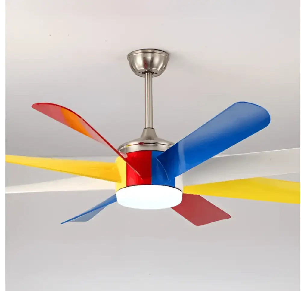 Luxury industrial ceiling fan with sleek metallic finish and colorful red yellow blue blades for hotel lobby use