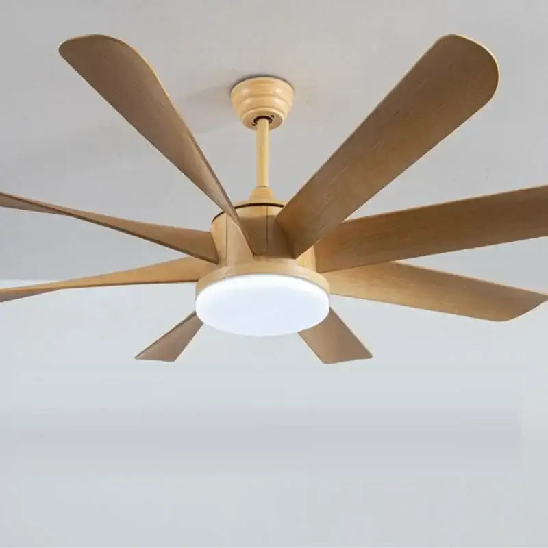 Luxury industrial ceiling fan with six light brown wooden blades and integrated LED light for hotel lobby use