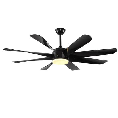 Black luxury industrial ceiling fan with sleek modern blades and central light fixture for hotel lobby use