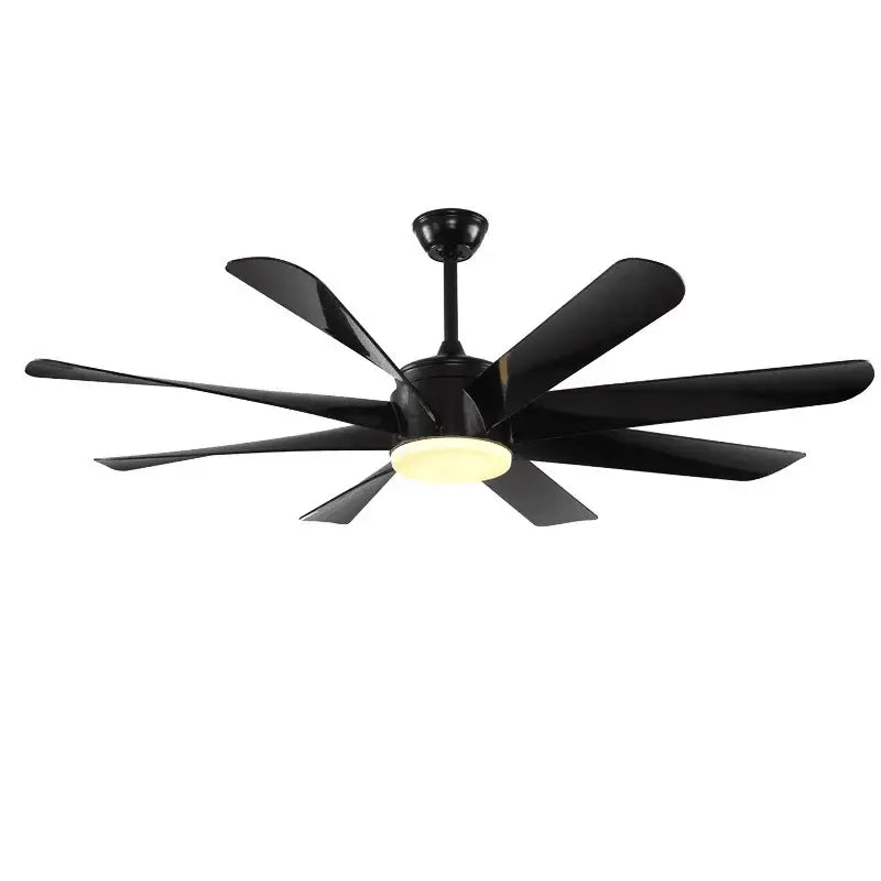 Luxury industrial ceiling fan in black with sleek modern blades and central light fixture for hotel lobby use