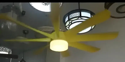 Yellow ceiling fan with cylindrical light and black metal housing luxury industrial ceiling fan for hotel lobby