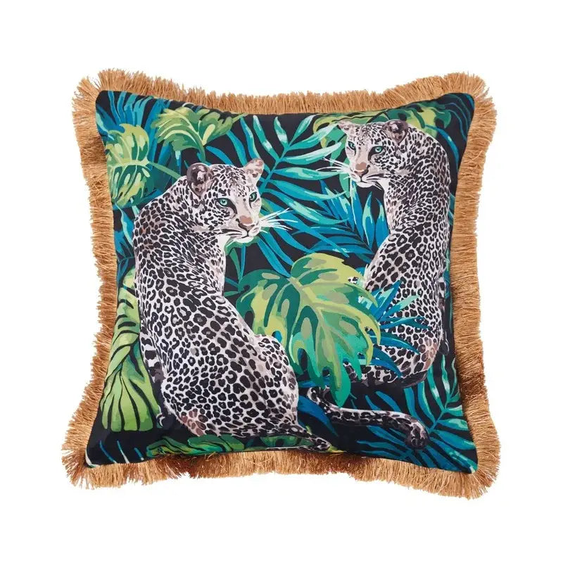Square cushion cover from decorbites jungle animal collection featuring vibrant leopards and gold fringe decor