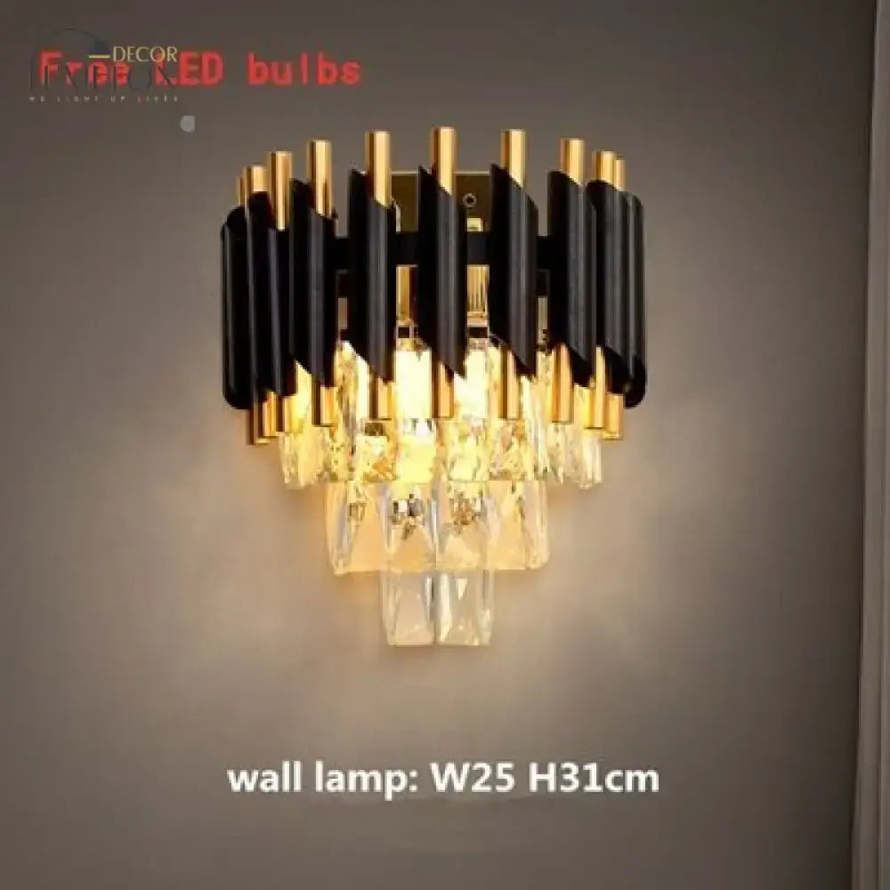 Modern wall lamp from decorbites nebri featuring black and gold rods with cascading luxury k9 crystal droplets chandelier