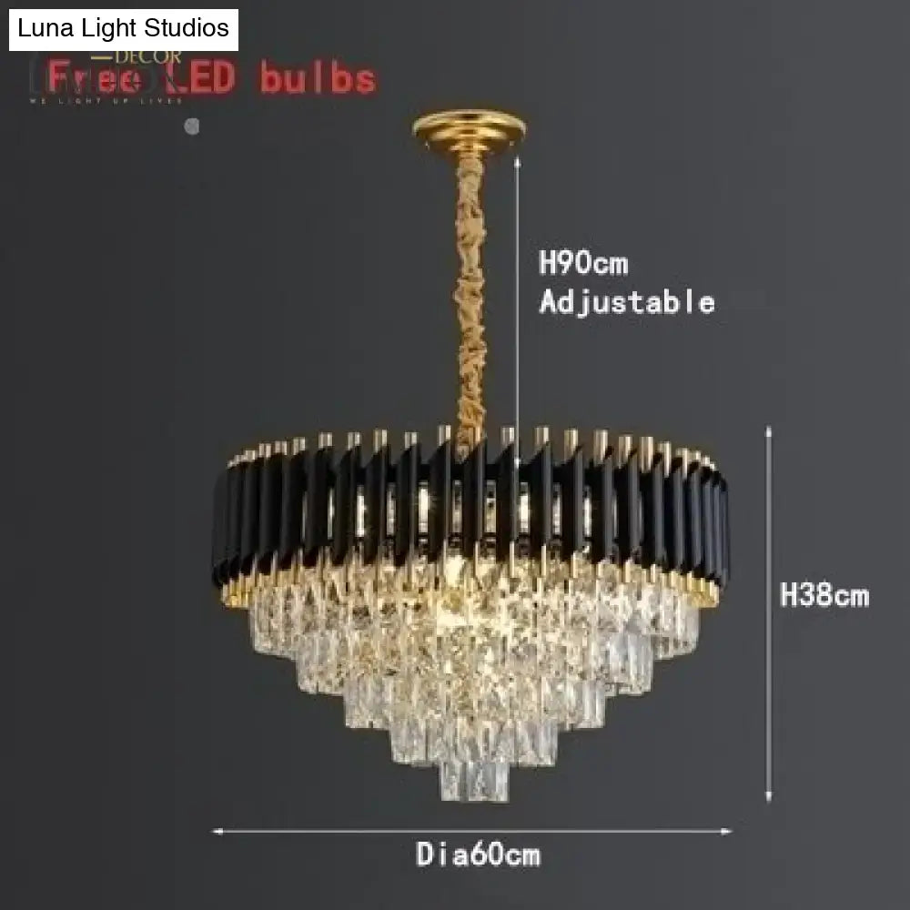 Black and gold tiered DecorBites™ Nebra luxury K9 crystal chandelier with crystal droplets for elegant lighting