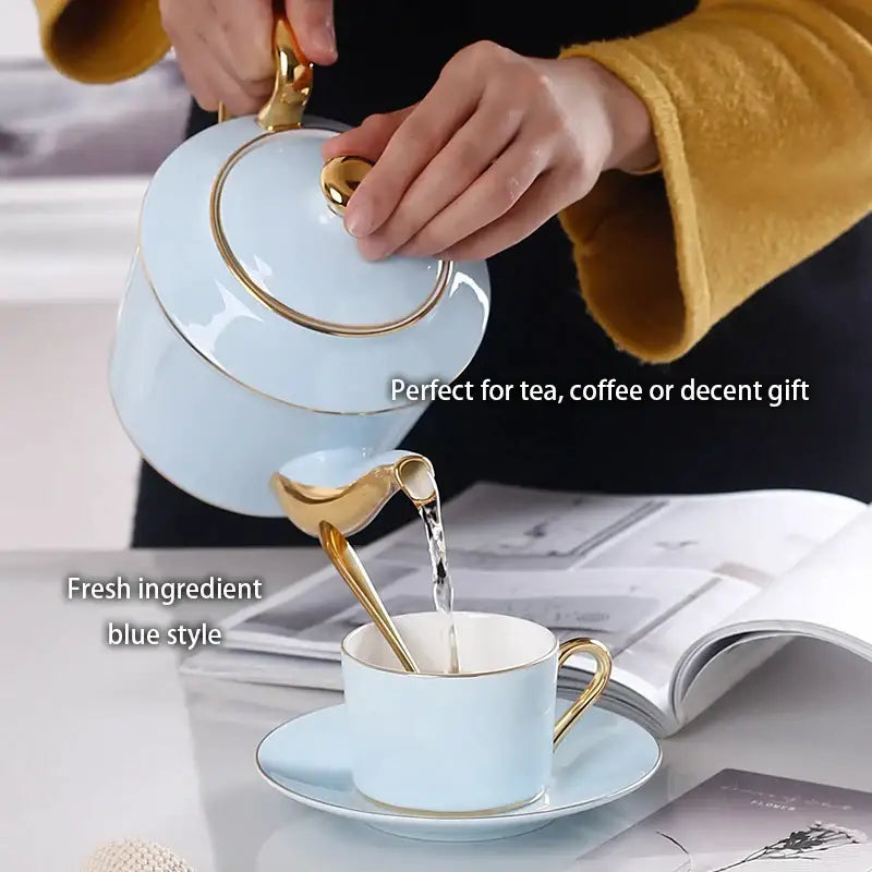 Luxury light blue bone china coffee set with gold accents featuring teapot cup and saucer for decorbites bone china dining room