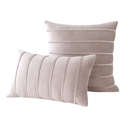 Beige velvet throw pillow covers with subtle horizontal pleating and piping for decorbites blue velvet stripe decor