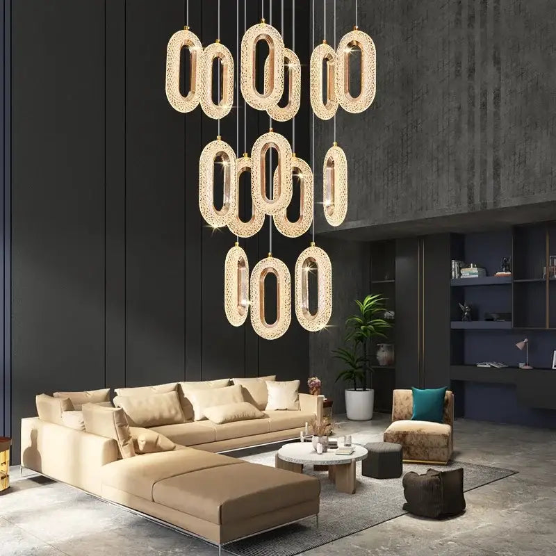 Luxury oval gold decorbites crystal rings chandelier featuring gold-toned oval frame and intricate crystal rings detailing