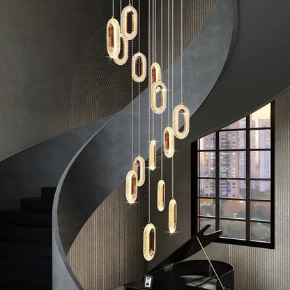 Luxury oval gold decorbites crystal rings chandelier with sparkling crystal-encrusted pendant lights for staircase lighting