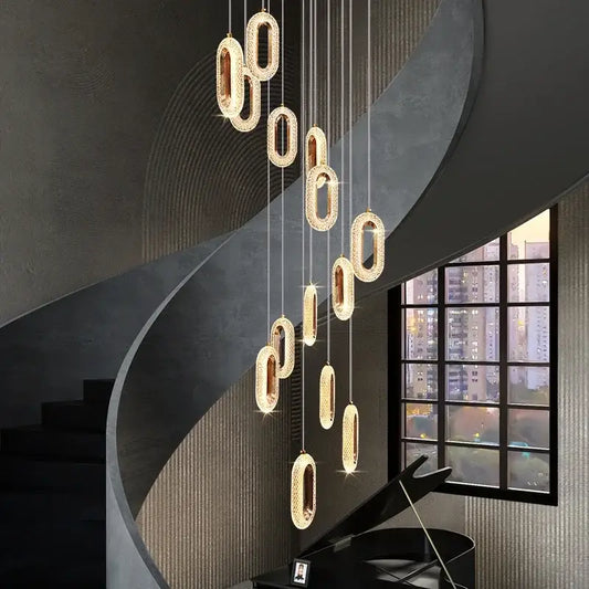 Luxury oval gold decorbites crystal rings chandelier with sparkling crystal-encrusted pendant lights for staircase lighting