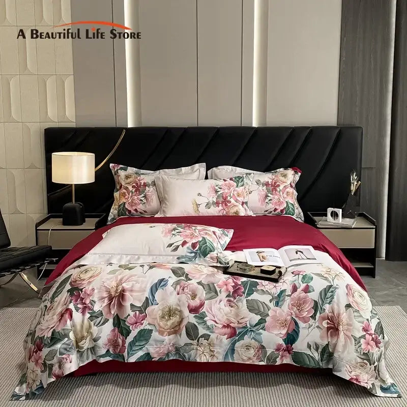 Luxury pink and cream egyptian cotton flower bedding set with floral pattern and deep red edges for elegant bedroom decor