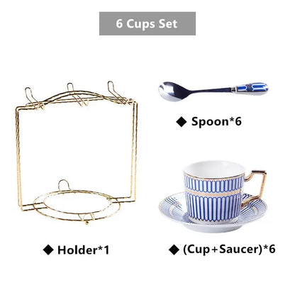 Set of six blue and white decorbites gold porcelain coffee cups with gold trim and matching saucers for luxury dining