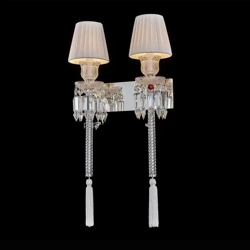 Luxury silver crystal wall lamp with two white pleated shades ornate metalwork tassels decorbites crystal wall lamp