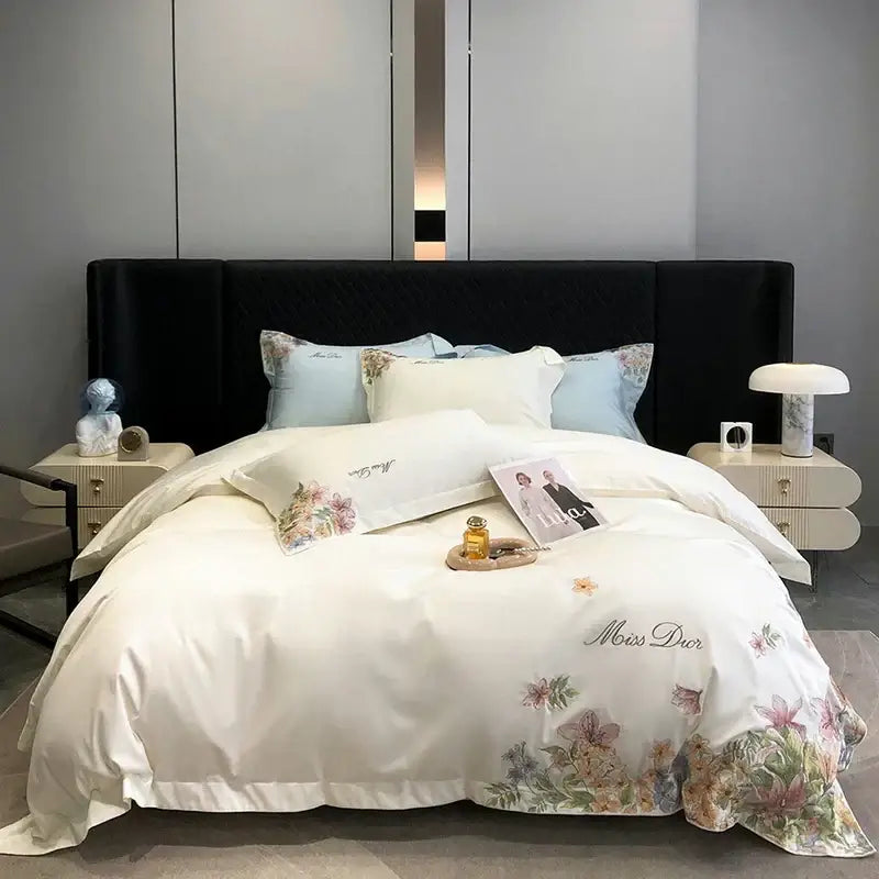 Luxury white floral bedding set with miss dior embroidery made of soft egyptian cotton flowers fabric