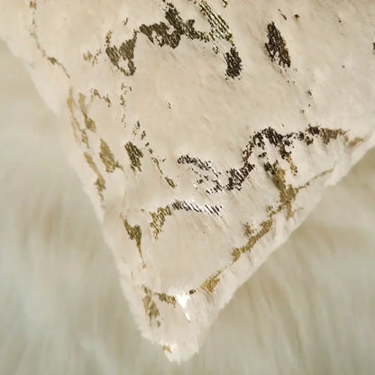 Luxury white and gold fur cushion cover with plush faux-fur texture and golden fur decorbites accents for bedroom decor
