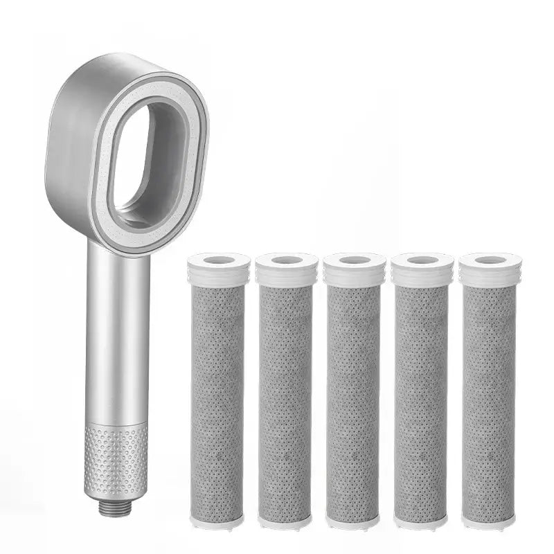 Silver handheld shower head with five matching cylindrical filter cartridges for luxury bathroom filtration set