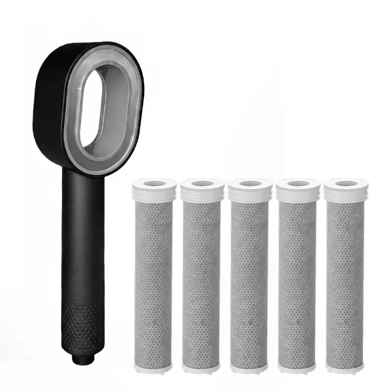 Black handheld shower head with five gray mesh filter cartridges for luxury white and silver bathroom filter set