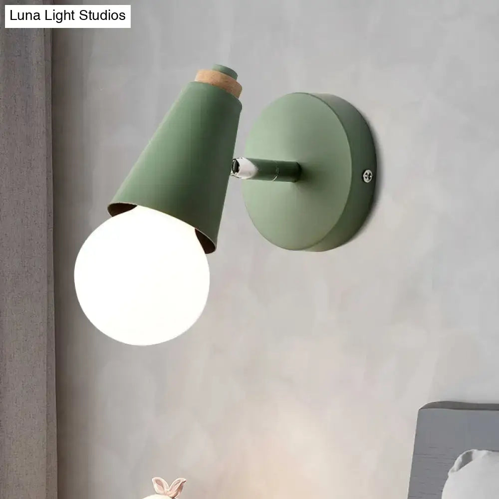 Mint green macaron loft sweet cone wall sconce with metal wood base and conical shade for corridor lighting