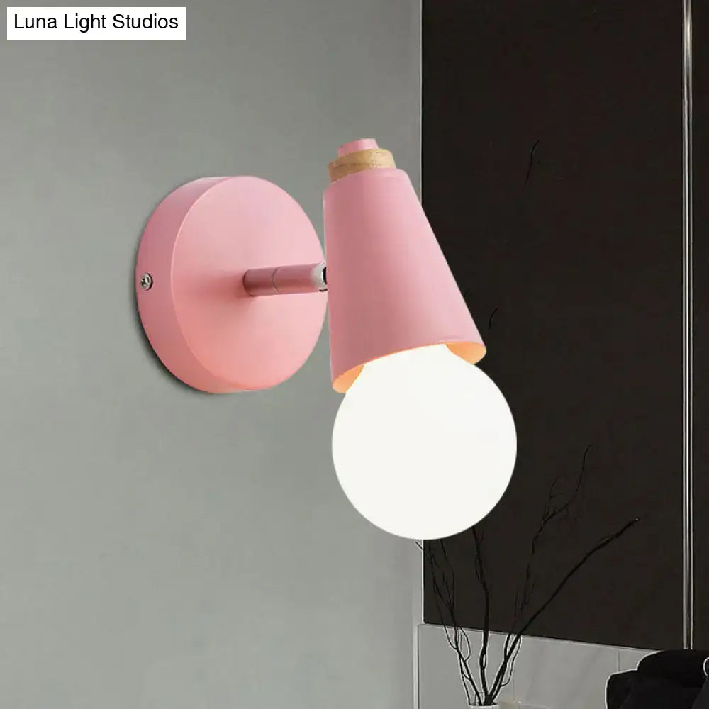 Pastel pink macaron loft sweet cone wall sconce with conical shade wood base and frosted glass bulb for corridor light