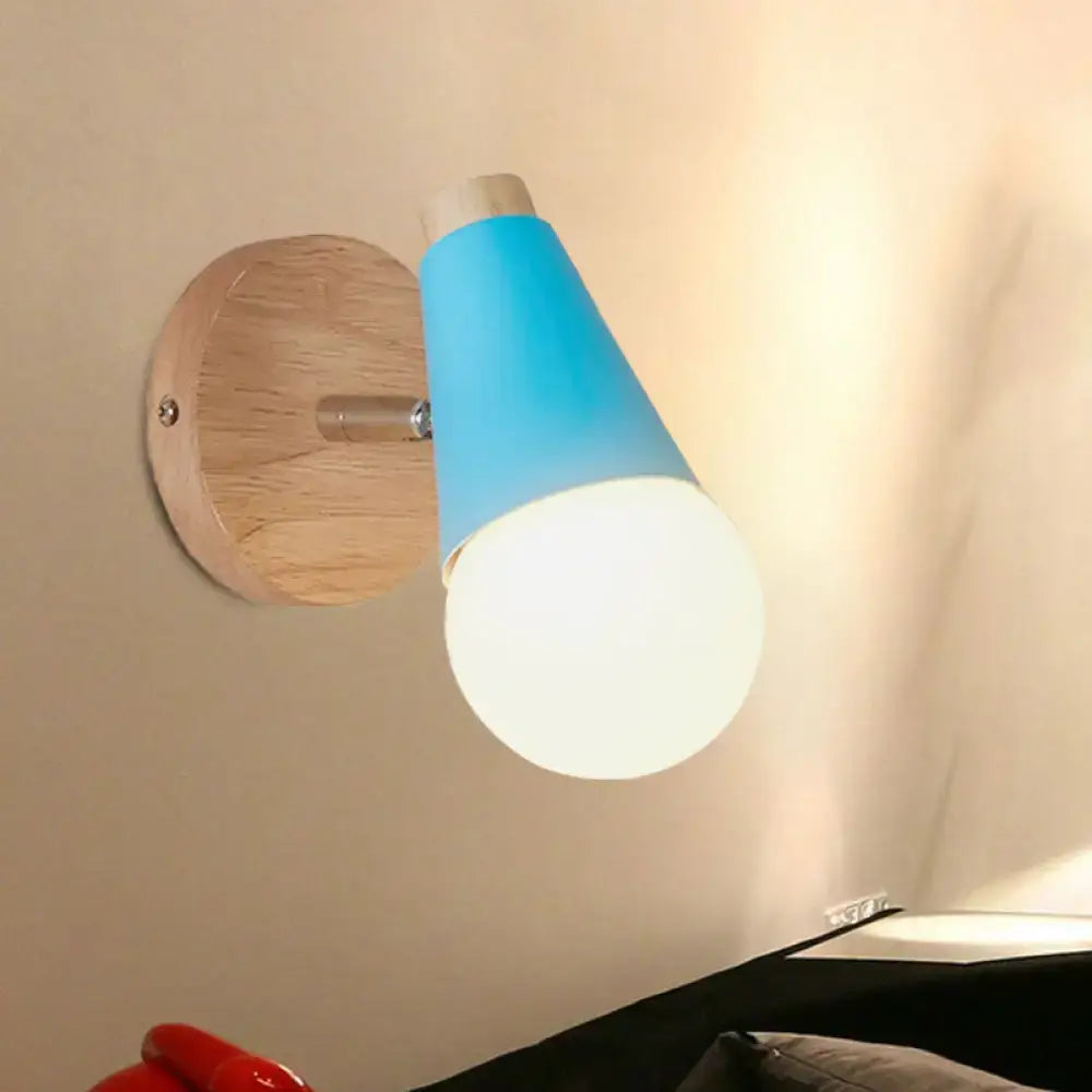 Blue macaron loft sweet cone wall sconce with metal wood base and frosted glass bulb for corridor lighting