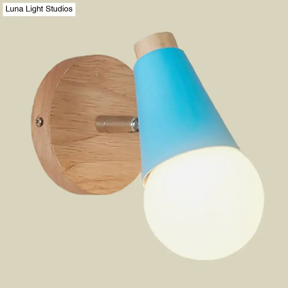 Blue gradient macaron loft sweet cone wall sconce with metal wood backplate and frosted glass bulb for corridor lighting