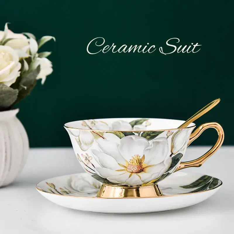 White bone china tea cup set with gold trim featuring magnolia floral design by decorbites bone china for dining room decor