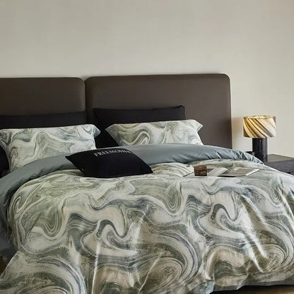 The decorbites 100s egyptian cotton bedding set features a marble gray and teal duvet cover with an abstract marble pattern