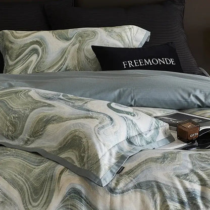Marble gray and teal bedding set in luxurious satin fabric with marble pattern made of decorbites 100s egyptian cotton