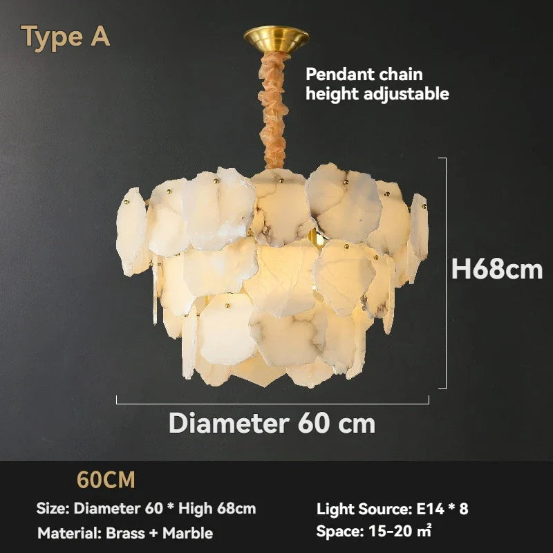 A marble led chandelier round pendant light with petal-shaped marble shades and brass chain suspension