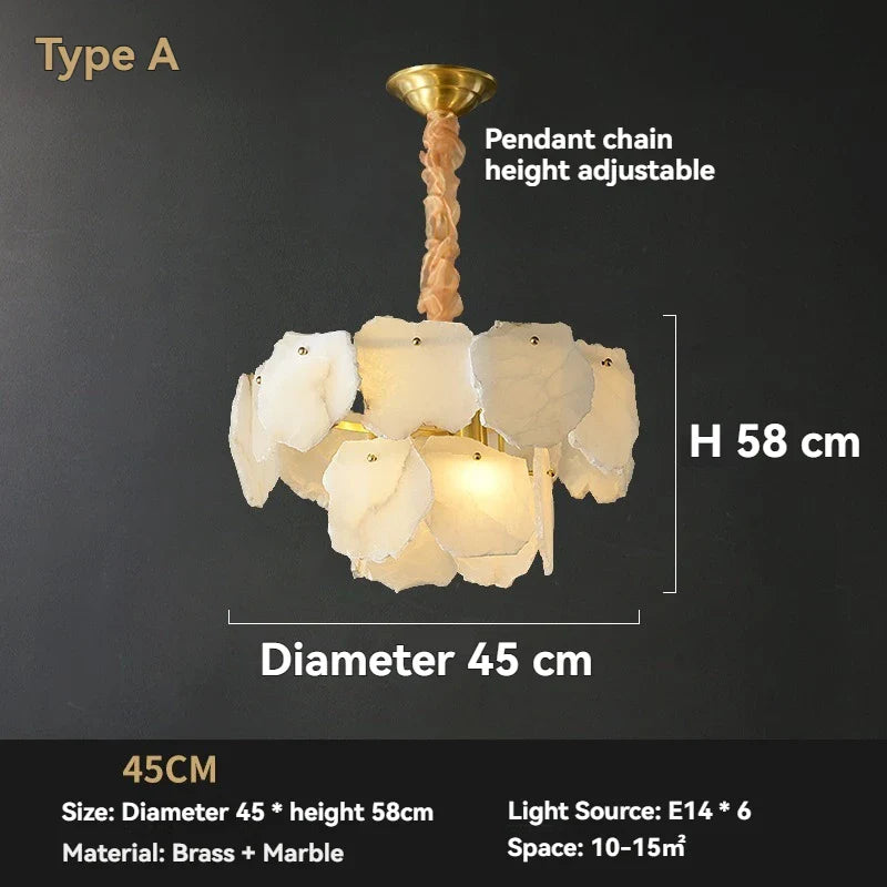 Marble led chandelier round pendant light with 45cm diameter brass frame and white petal-shaped shades