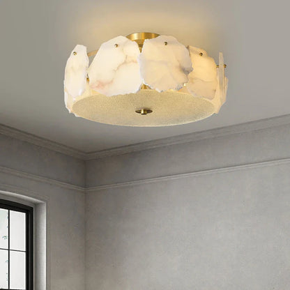 Marble led chandelier round pendant light with gold-toned metal frame and white petal-like glass shades
