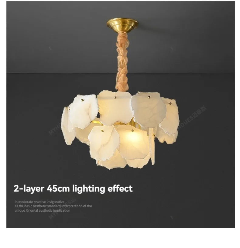 Marble led chandelier round pendant light featuring a delicate two-layered design with translucent white petal shades and gold fixture