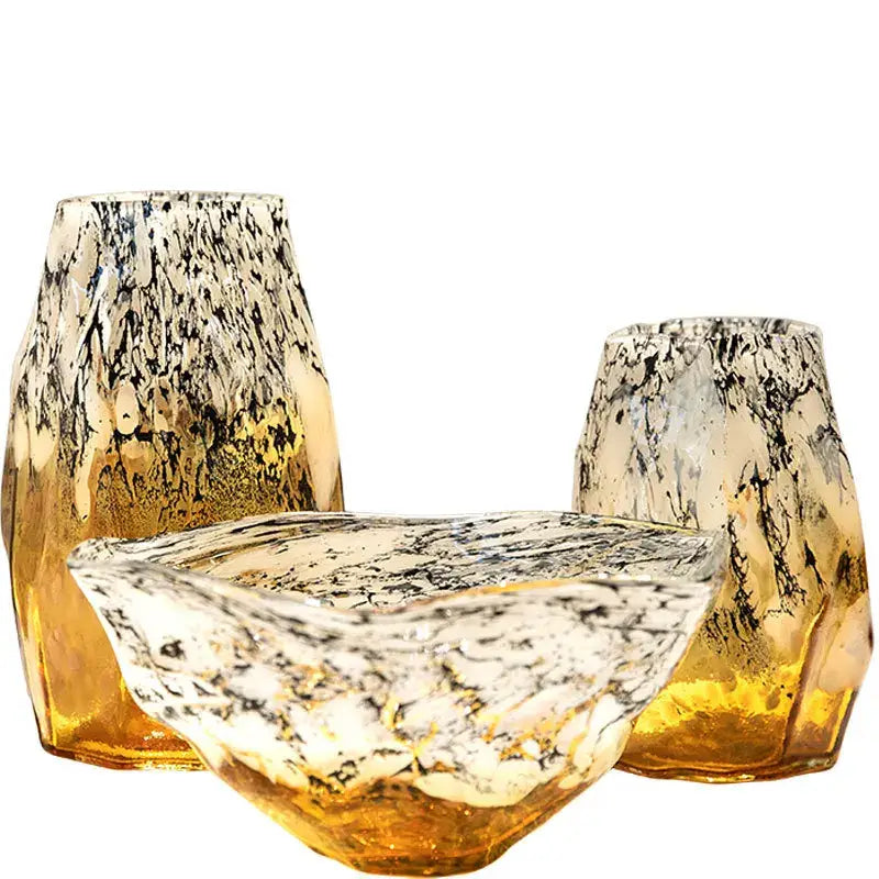 Set of three amber and gradients black glass vases with marbled black glass design for living room desktop decorbites gradients black
