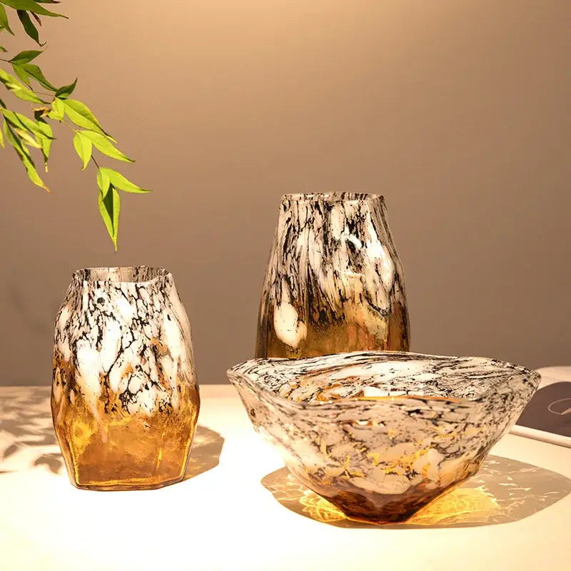 Set of three marbled black glass vases with gold and white gradients black decorbites for living room desktop use