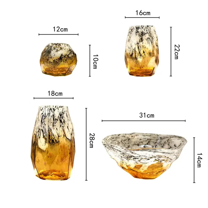 Set of four amber and silver marbled glass vases with faceted geometric design suitable for living room decorbites gradients black glass