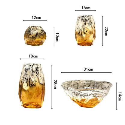 Set of four amber and silver marbled glass vases with faceted geometric design suitable for living room decorbites gradients black glass