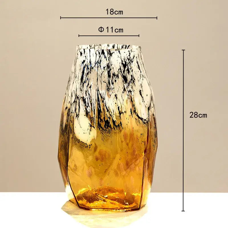 A tall faceted black glass vase with amber to white gradients and marbled patterns for living room decorbites gradients black
