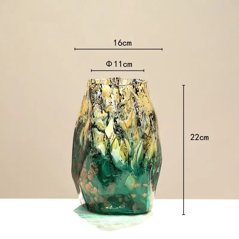 A tall black glass vase with marbled green and gold gradients black glass for living room desktop decorbites