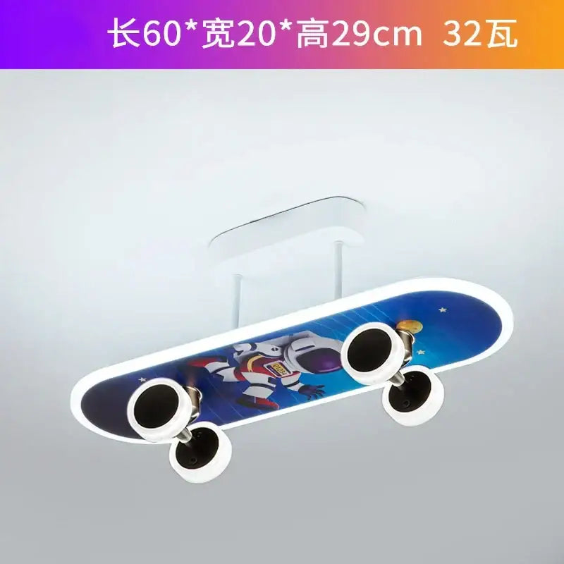 Blue cartoon skateboard ceiling light with white wheels and astronaut design by decorbites for children room decor