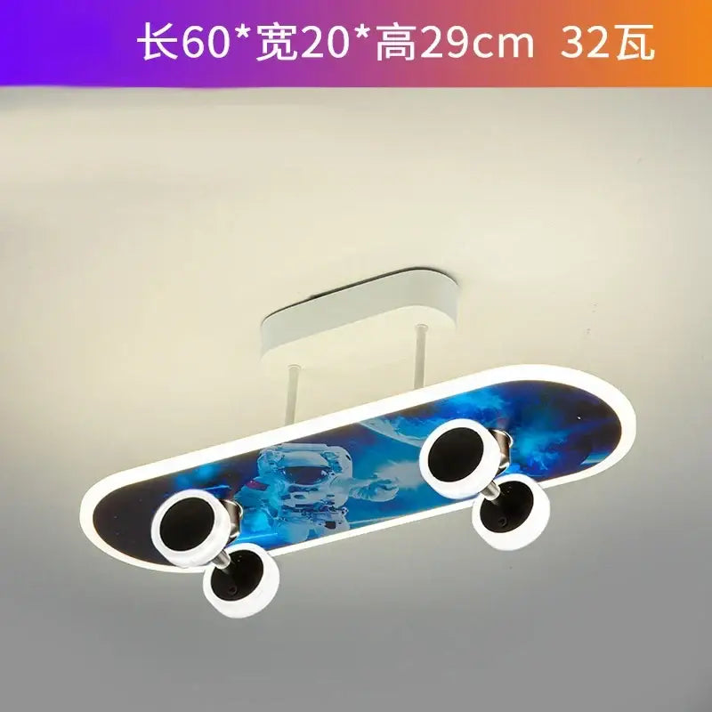 Blue and black decorbites cartoon skateboard ceiling light with white wheels and trim for children room decor