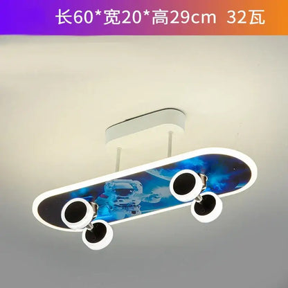 Blue and black decorbites cartoon skateboard ceiling light with white wheels and trim for children room decor