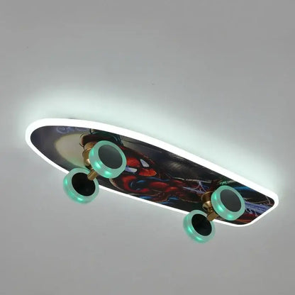 Marvel superhero cartoon skateboard ceiling light with glowing teal wheels and vibrant Spider-Man graphic for children room decorbites cartoon skateboard