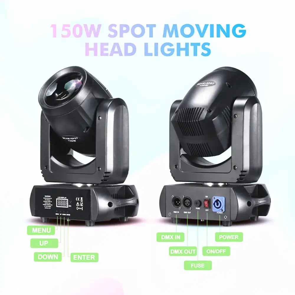 Matte black 150w mini led moving head stage light with sleek angular design and visible control ports on the base back side