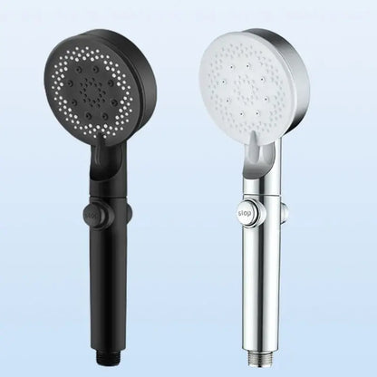 Two handheld shower heads matte black and chrome featuring five modes high pressure and decorbites adjustable stop button