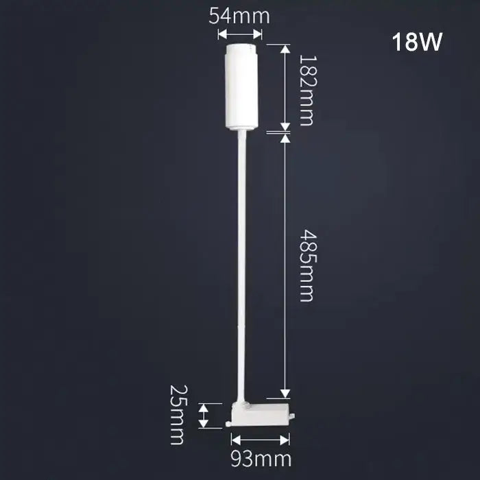 White 18w led track light with cylindrical head and slender stem featuring decorbites adjustable beam for store task lighting