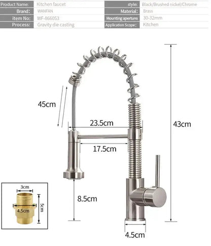 Matte black and brass kitchen faucet with pull out spring spout and flexible coiled hose for decorbites brush brass kitchen use