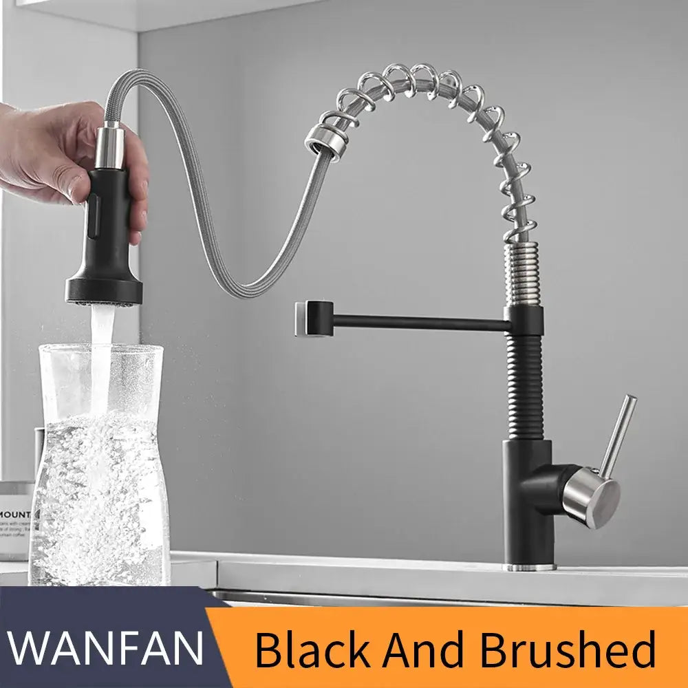 Matte black and brushed stainless steel kitchen faucet with flexible coiled hose and pull down spray head decorbites brush brass