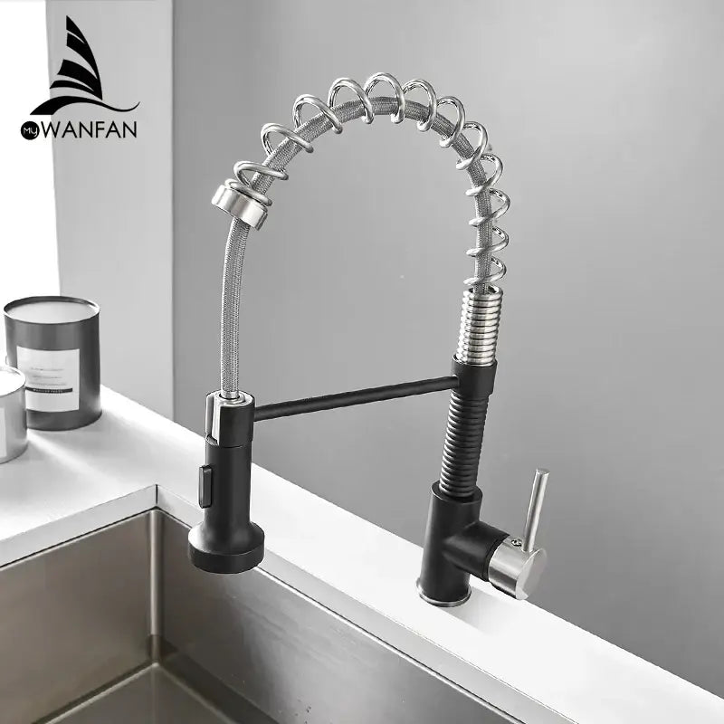 Matte black and silver spring style kitchen faucet with pull down sprayer for decorbites brush brass kitchen decor